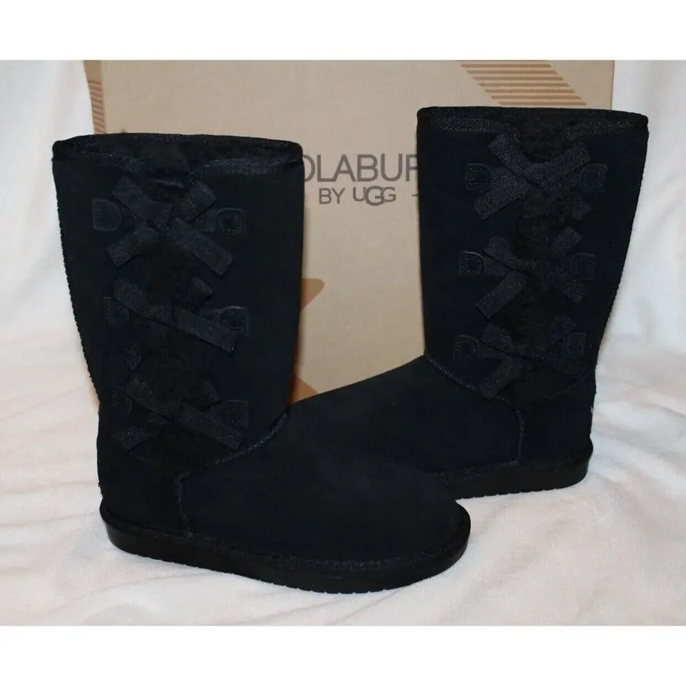 NIB Koolaburra Ugg‎ Victoria Tall Bow Girls Suede Shearling Boots Black